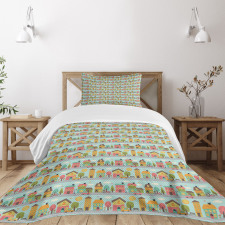 Small Town Street Houses Bedspread Set