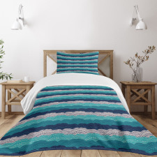 Ornamental Waves in Blue Tones Bedspread Set