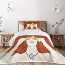 Curly Ginger Hair Girl Lemon Bedspread Set