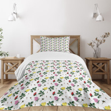 Colorful Rose Buds Leaves Bedspread Set