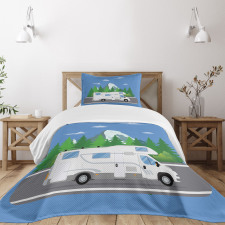 Retro Trailer on Road Forest Bedspread Set