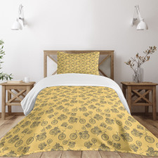 Old Bikes Floral Baskets Bedspread Set