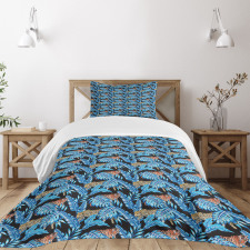 Blue Tropical Leaves Hawaii Bedspread Set