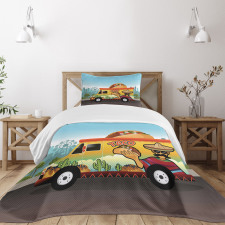 Taco Truck on Road in City Bedspread Set