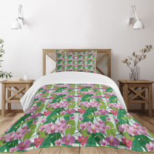 Pink Blossoms and Leaves Bedspread Set