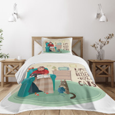 Lady in Armchair and Kitten Bedspread Set