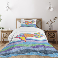 Fish Scales and Squares Doodle Bedspread Set