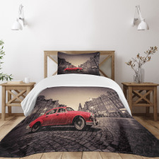 Retro Car on Cobblestone Road Bedspread Set