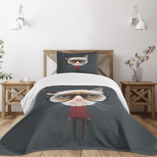 Hipster Feline with Giant Head Bedspread Set