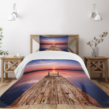 Panoramic Lake Old Pier Sunset Bedspread Set