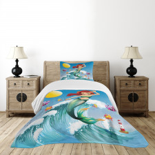 Wave with Cartoon Fish Bedspread Set