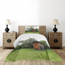 Wooden Hut in Forest Bedspread Set