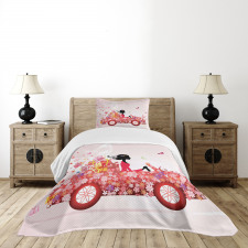 Girl on a Car Floral Box Bedspread Set