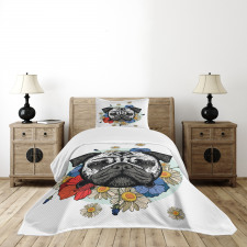 Dog Sketch with Flowers Bedspread Set