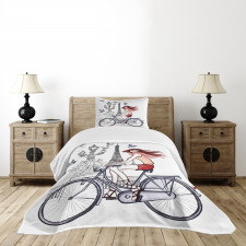 Woman on Bike Eiffel Bedspread Set