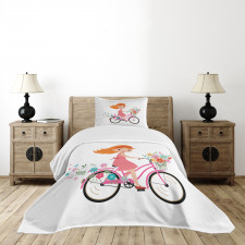 Happy Girl on Bike Flowers Bedspread Set