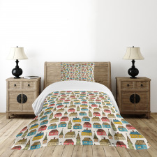 Hand Drawn Cartoon Houses Bedspread Set