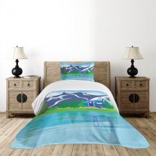 Cartoon Lake Landscape Bedspread Set