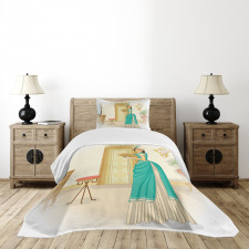 Vintage Woman Hand Fan Bedspread Set