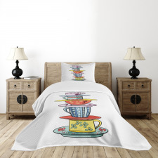 Hand Drawn Art Colorful Cups Bedspread Set