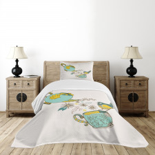 Bird Flowers Winged Pot Art Bedspread Set