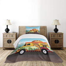 Taco Truck on Road in City Bedspread Set