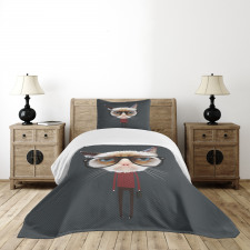 Hipster Feline with Giant Head Bedspread Set