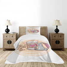 Coffee Lover Rabbit Words Bedspread Set