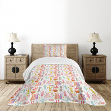 Colorful Rabbits Pink Hearts Bedspread Set