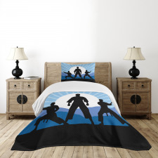 Karate Men Silhouettes Sun Bedspread Set