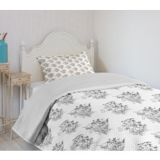 Outline Wild Flowers Plants Bedspread Set