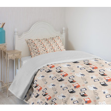 Funny Birds Outline Trees Bedspread Set