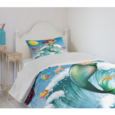 Wave with Cartoon Fish Bedspread Set