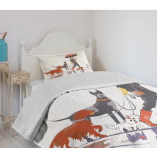 Girl with Dogs in Rain Bedspread Set