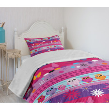 Cartoon Owls and Flowers Bedspread Set