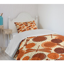 Orange Flowers Dragonfly Bedspread Set