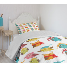 Cartoon Funny Owls Bedspread Set