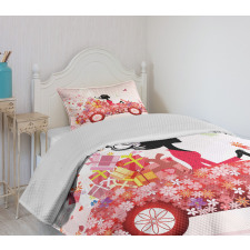 Girl on a Car Floral Box Bedspread Set