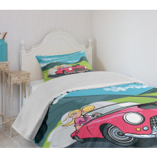 Blonde Girl Drives on Road Bedspread Set