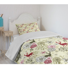 Deer Flowers Christmas Bedspread Set