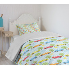 Checkered Cars with Trees Bedspread Set