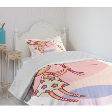 Cartoon Girl and Cat Bedspread Set