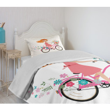 Happy Girl on Bike Flowers Bedspread Set