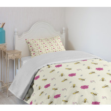 Hand-Drawn Bees Rose Buds Bedspread Set