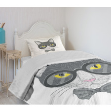 Greyscale Cat with Bowtie Bedspread Set