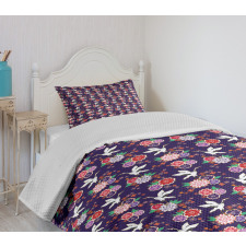 Flying Crane and Flowers Bedspread Set