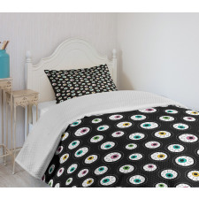 Dashed Circles Cartoon Eyes Bedspread Set