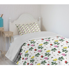 Colorful Rose Buds Leaves Bedspread Set