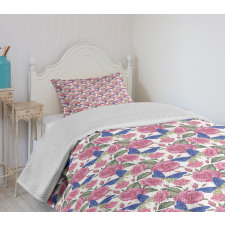 Butterflies Pink Flowers Bedspread Set