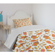 Birds Tiny Houses and Leaves Bedspread Set